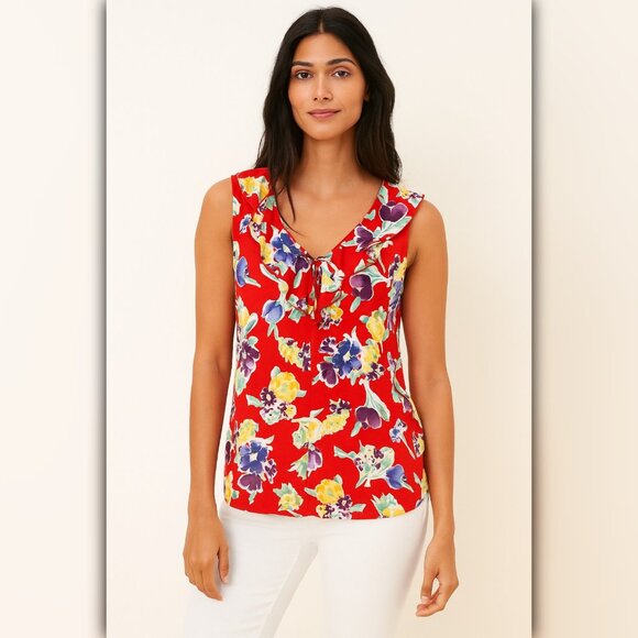 A356 ✽ Red Floral Sleeveless Ruffle Top - Picture 1 of 4